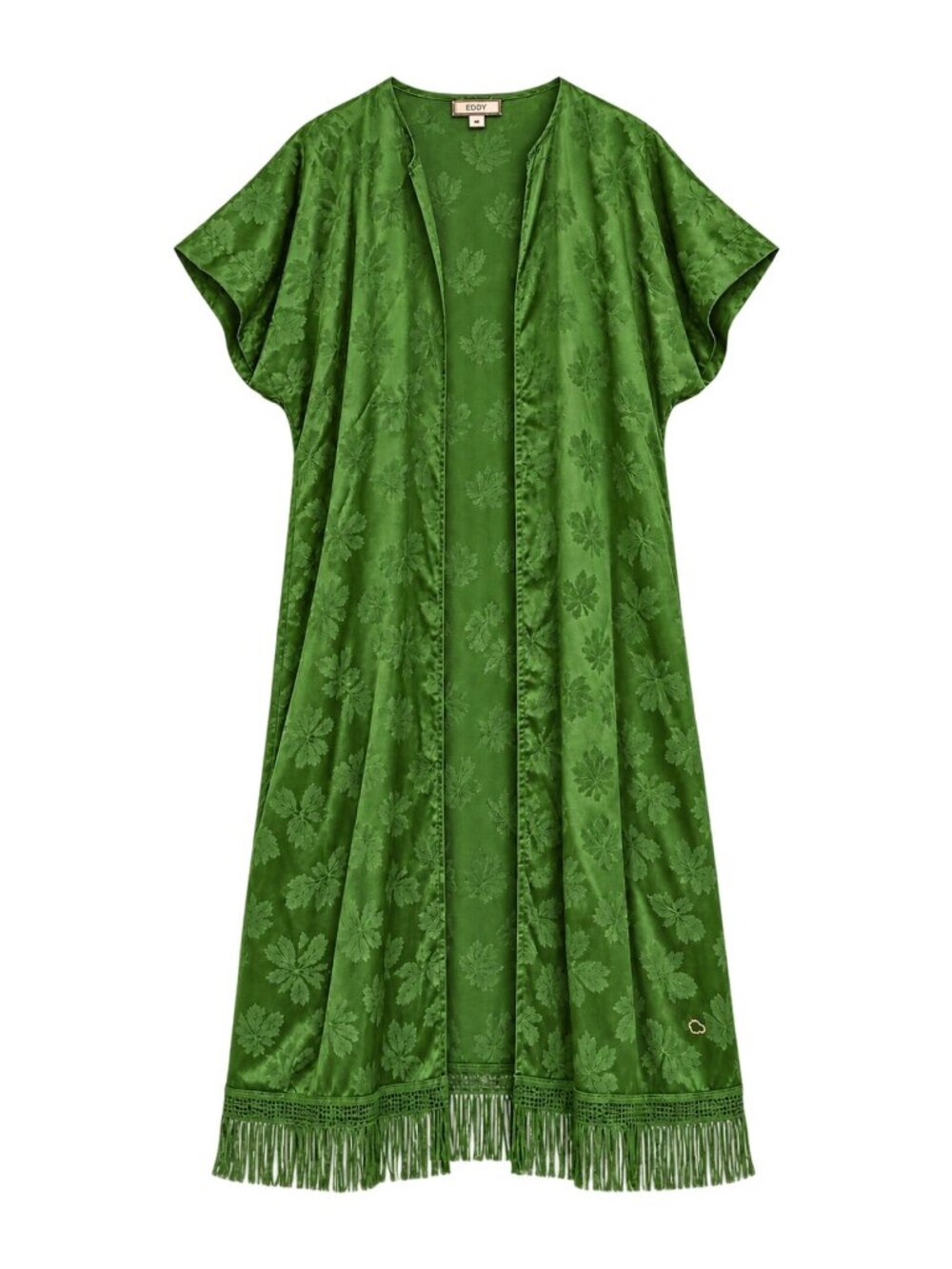 EDDY Rachael Jacket Emerald Green Floral Jacquard Fringe Long Duster Medium